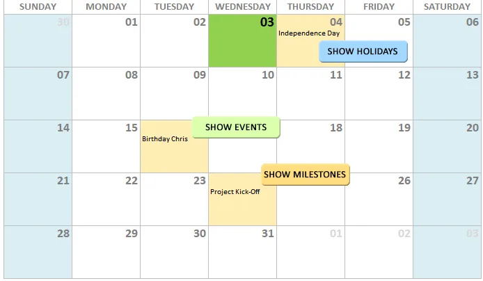 A monthly calendar made in ExcelCal with a holiday, a birthday and a project milestone marked